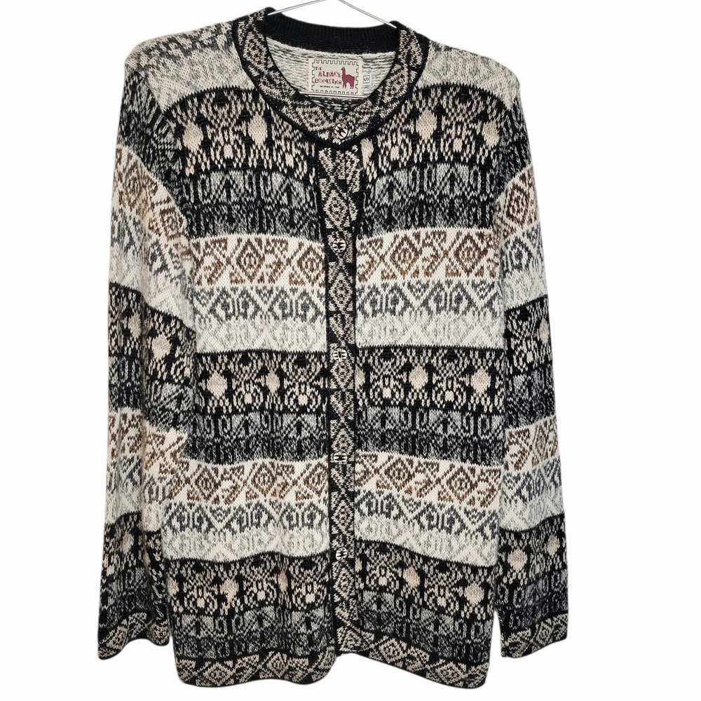 The Alpaca Connection 100% Alpaca Wool Cardigan Sweater Small Fair Isle Peru